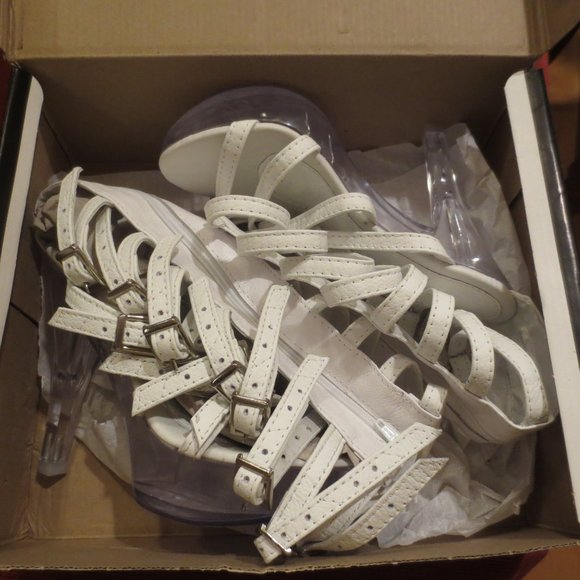 NIB Custom Made Leg Strapped White Leather High Heel Platform Sandals - Picture 15 of 15